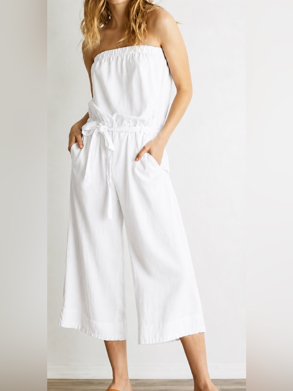 Anthropology Cloth & Stone White Strapless Belted Tencel Crop Jumpsuit Sz XS